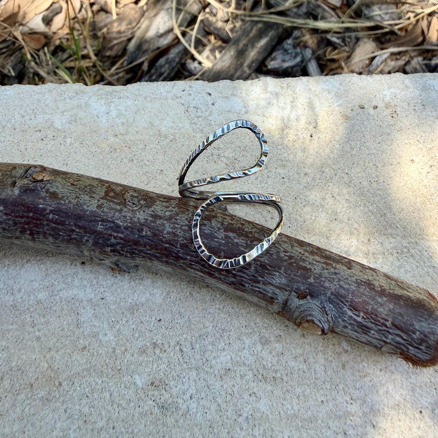 Sterling Loop Ring • Double Loop • Rustic Textured Adjustable Openwork Band
