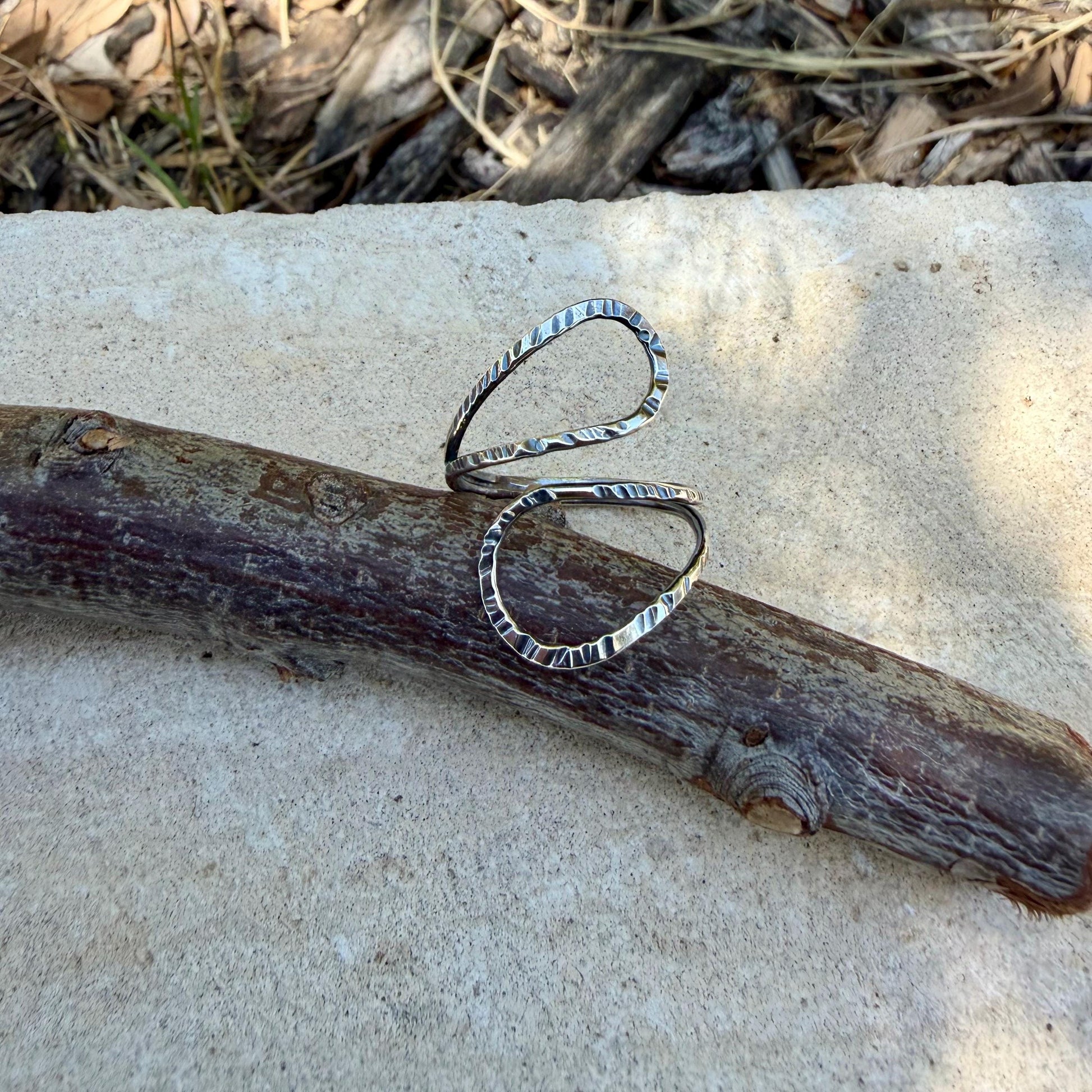 Sterling Loop Ring • Double Loop • Rustic Textured Adjustable Openwork Band