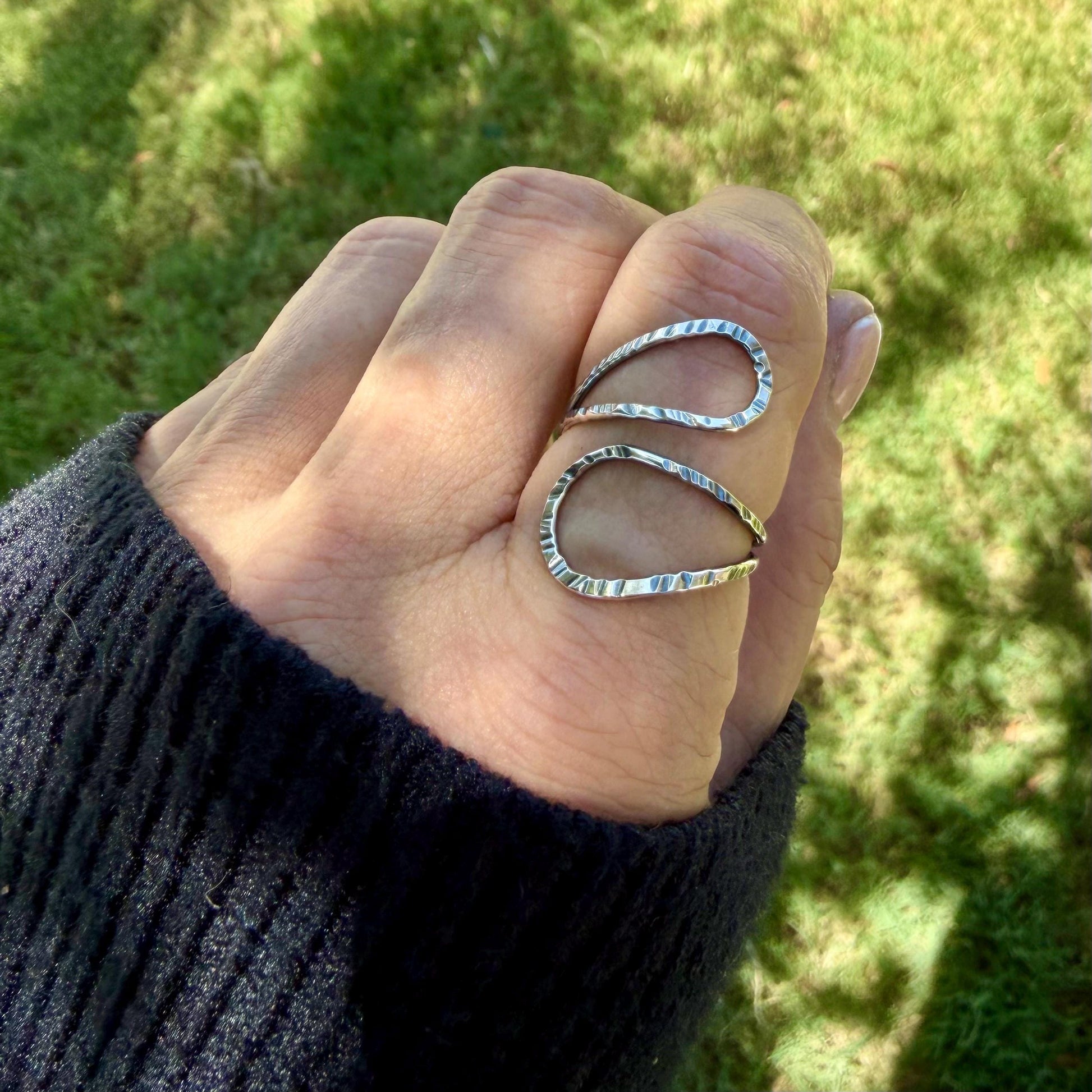 Sterling Loop Ring • Double Loop • Rustic Textured Adjustable Openwork Band