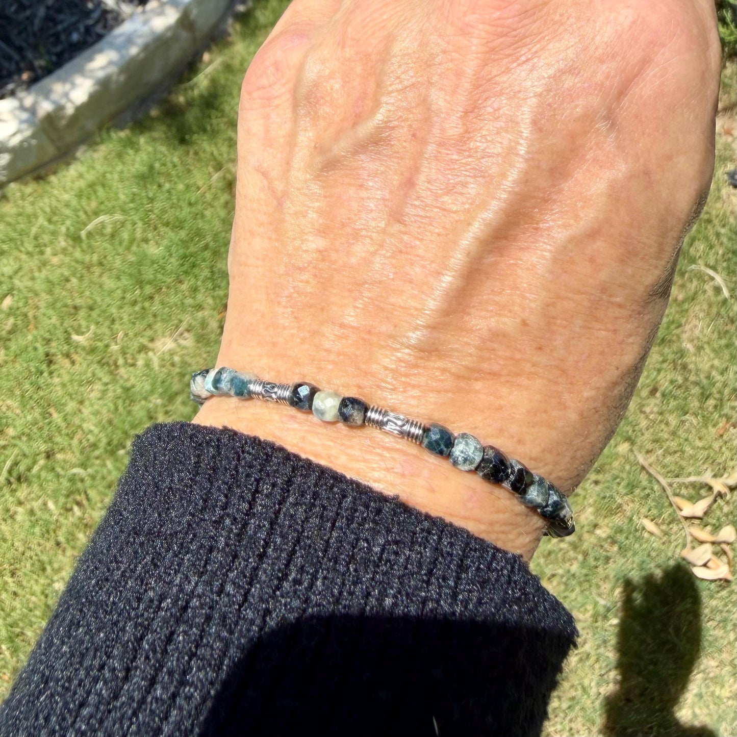 Blue Tourmaline Cube Bracelet • 4mm Stones • Bali Silver Accents