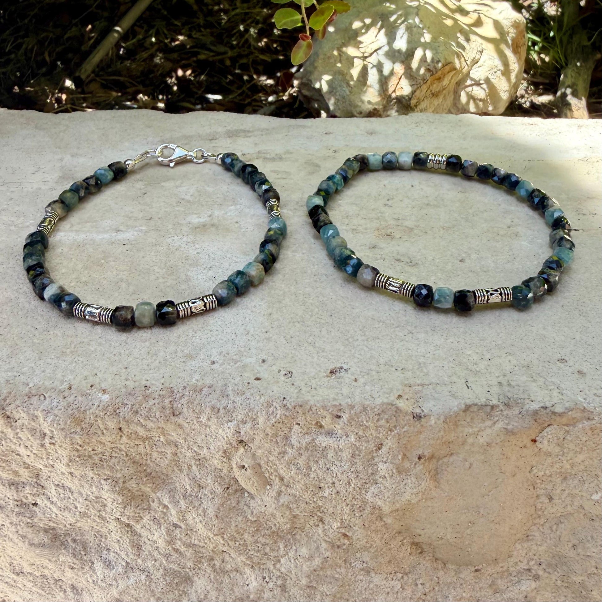 Blue Tourmaline Cube Bracelet • 4mm Stones • Bali Silver Accents