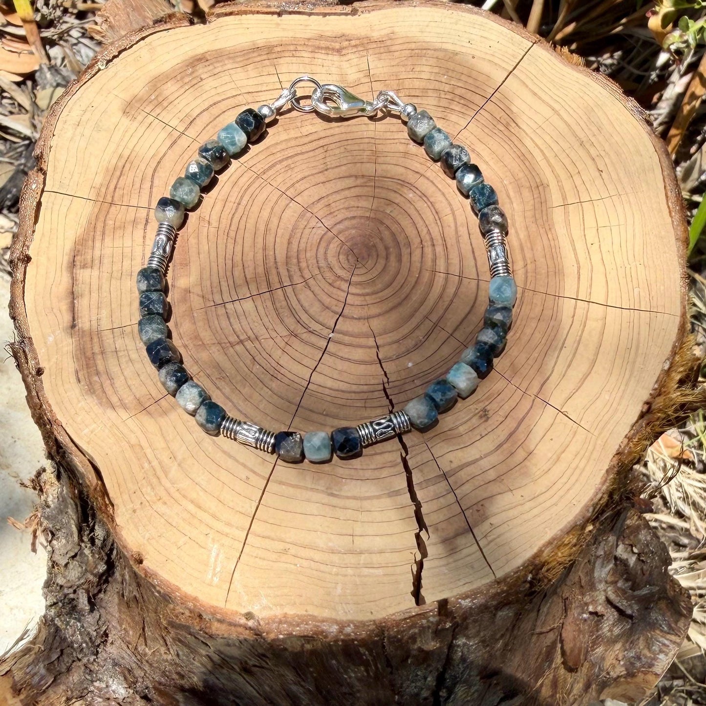 Blue Tourmaline Cube Bracelet • 4mm Stones • Bali Silver Accents