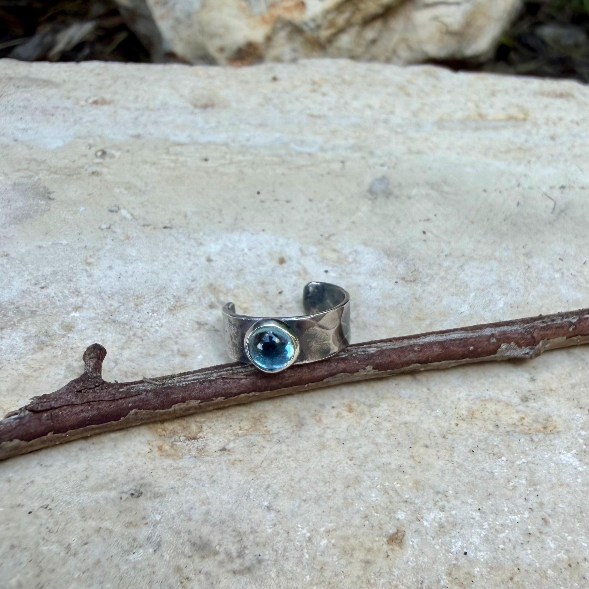 Swiss Blue Topaz Ear Cuff • Hammered Sterling Silver • No Piercing • 4mm or 7mm
