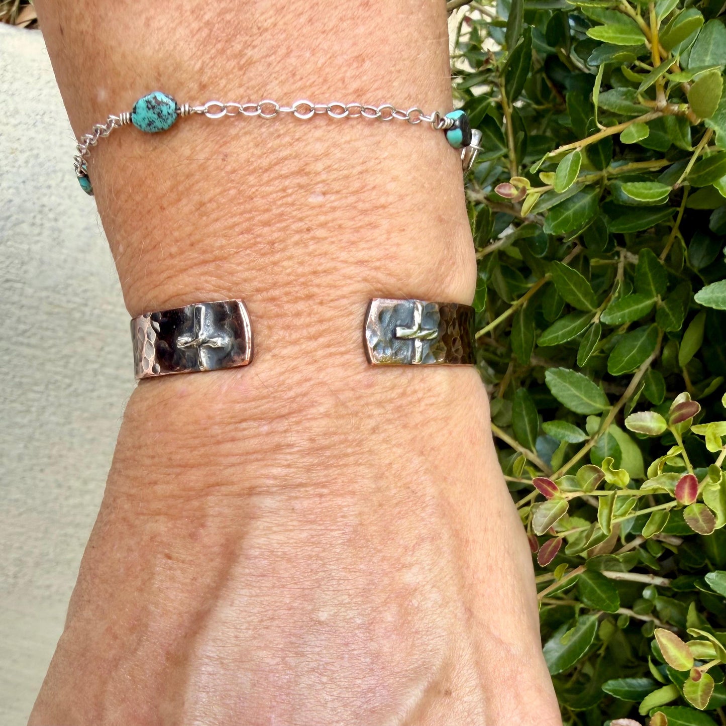 Copper Reverse Cuff with Sterling Cross Ends • Hammered Copper Bracelet • Western Faith Jewelry