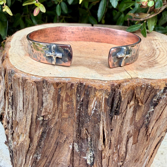 Copper Reverse Cuff with Sterling Cross Ends • Hammered Copper Bracelet • Western Faith Jewelry