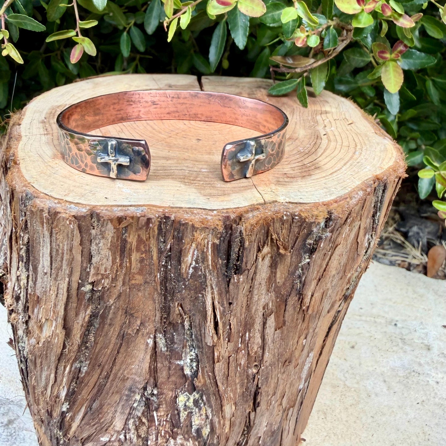 Copper Reverse Cuff with Sterling Cross Ends • Hammered Copper Bracelet • Western Faith Jewelry