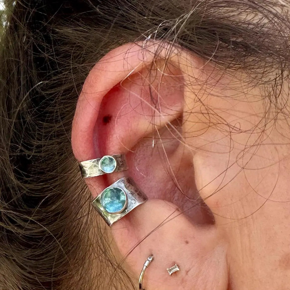 Swiss Blue Topaz Ear Cuff • Hammered Sterling Silver • No Piercing • 4mm or 7mm
