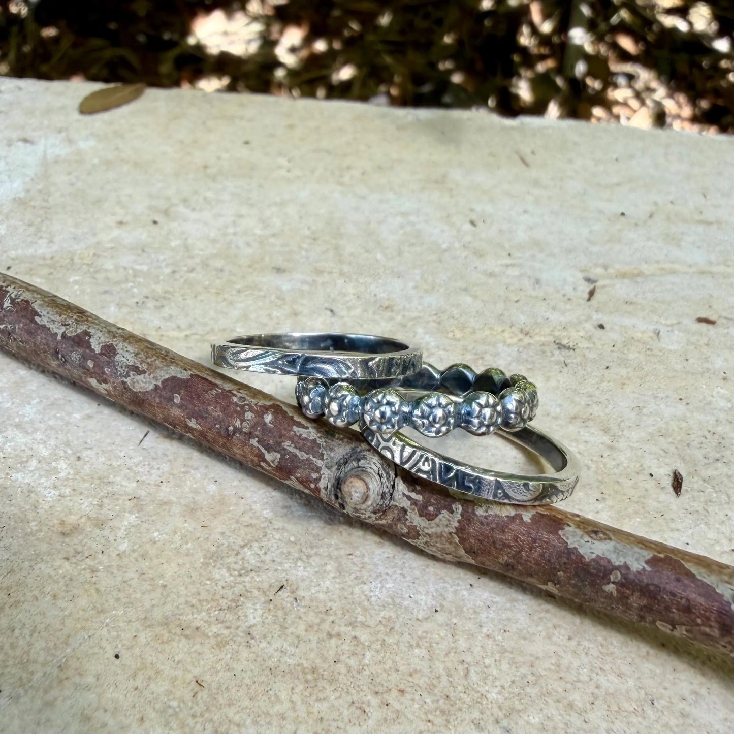 Sterling Ring Stack • 3 Ring Floral Set • Daisy Band • Rustic Silver Rings
