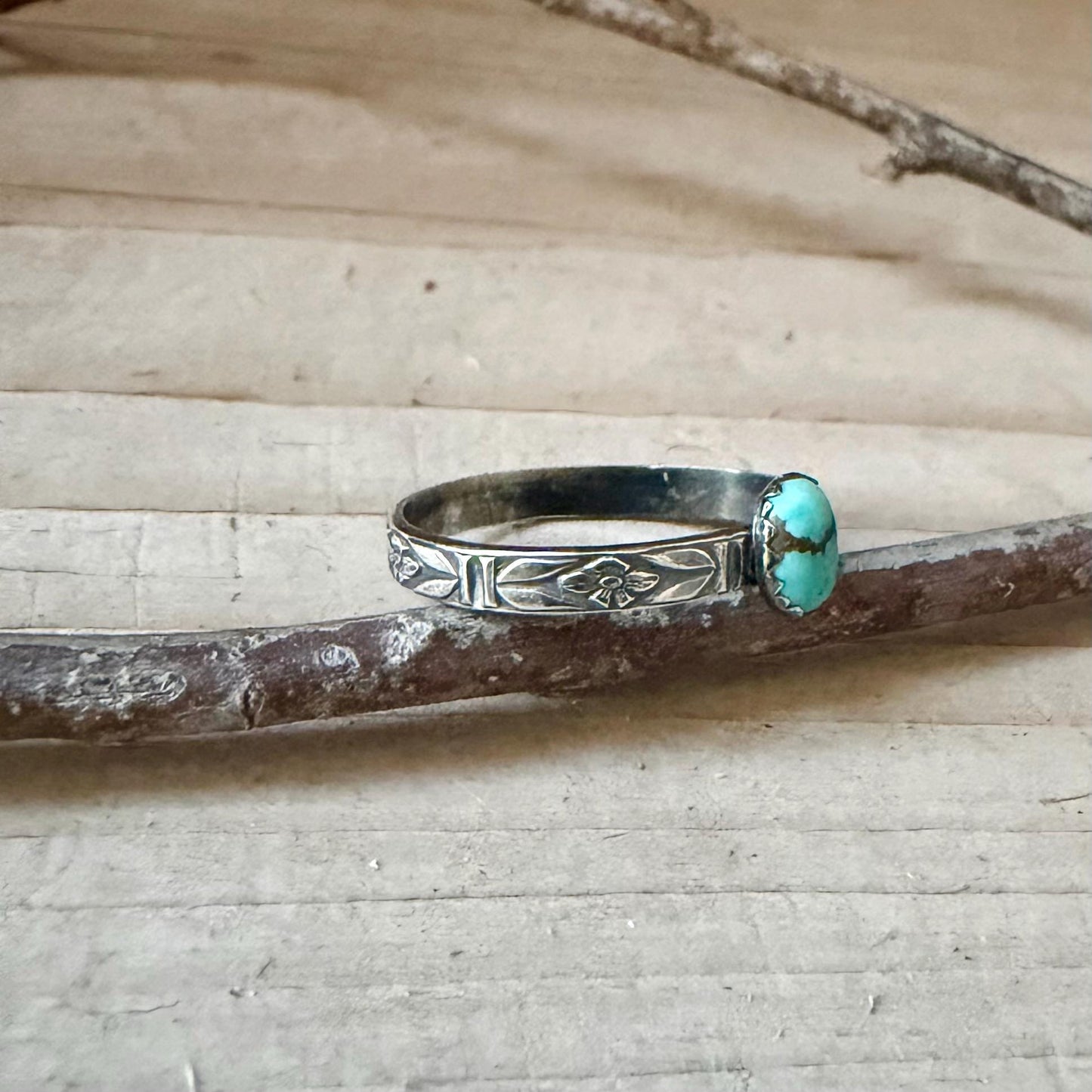Turquoise Sterling Silver Dainty Band Ring • Number 8 Turquoise • Butterfly Floral Pattern
