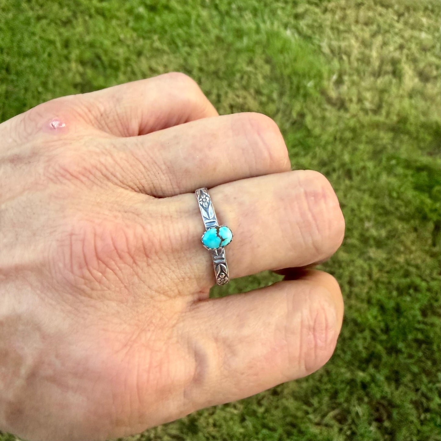 Turquoise Sterling Silver Dainty Band Ring • Number 8 Turquoise • Butterfly Floral Pattern