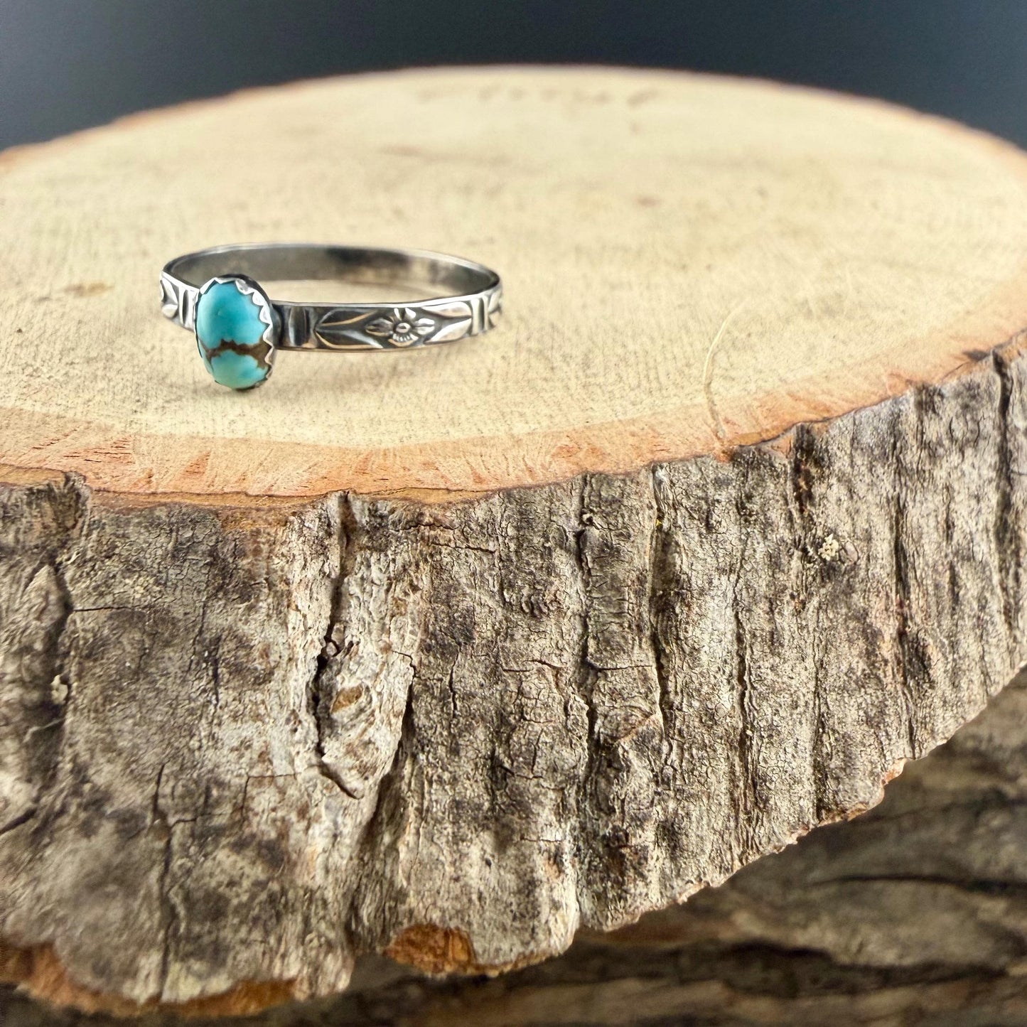 Turquoise Sterling Silver Dainty Band Ring • Number 8 Turquoise • Butterfly Floral Pattern