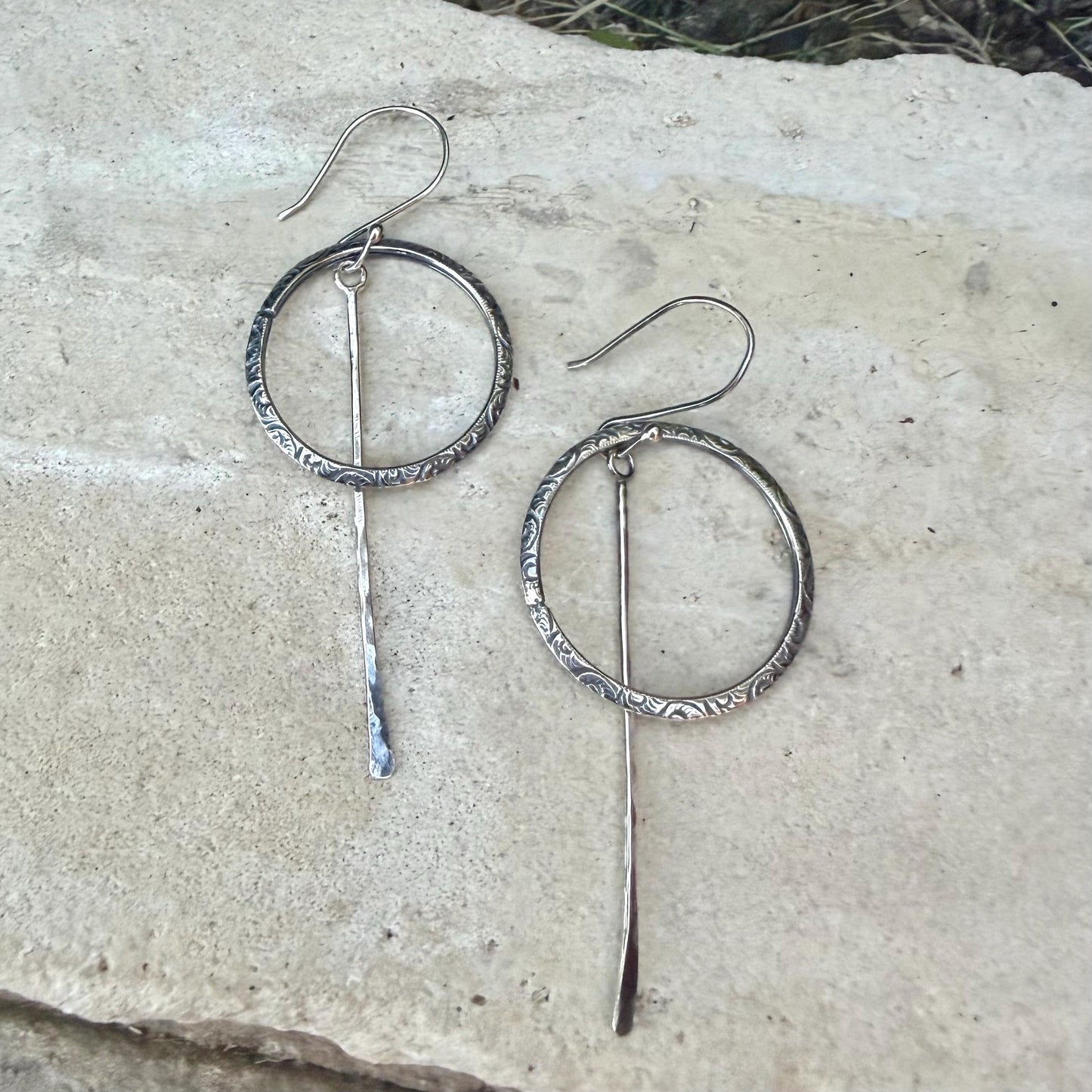 Rustic Sterling Silver Circle Dangle Earrings • Long Drop Style