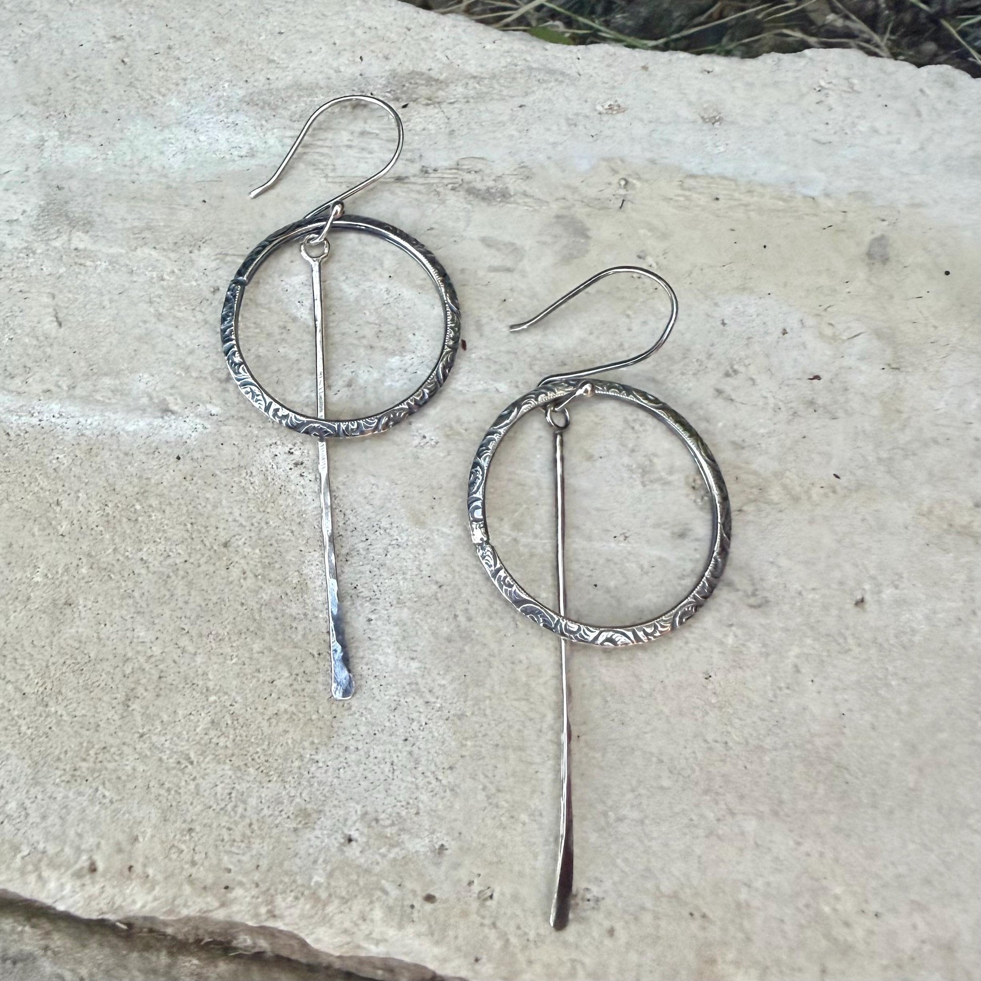 Rustic Sterling Silver Circle Dangle Earrings • Long Drop Style