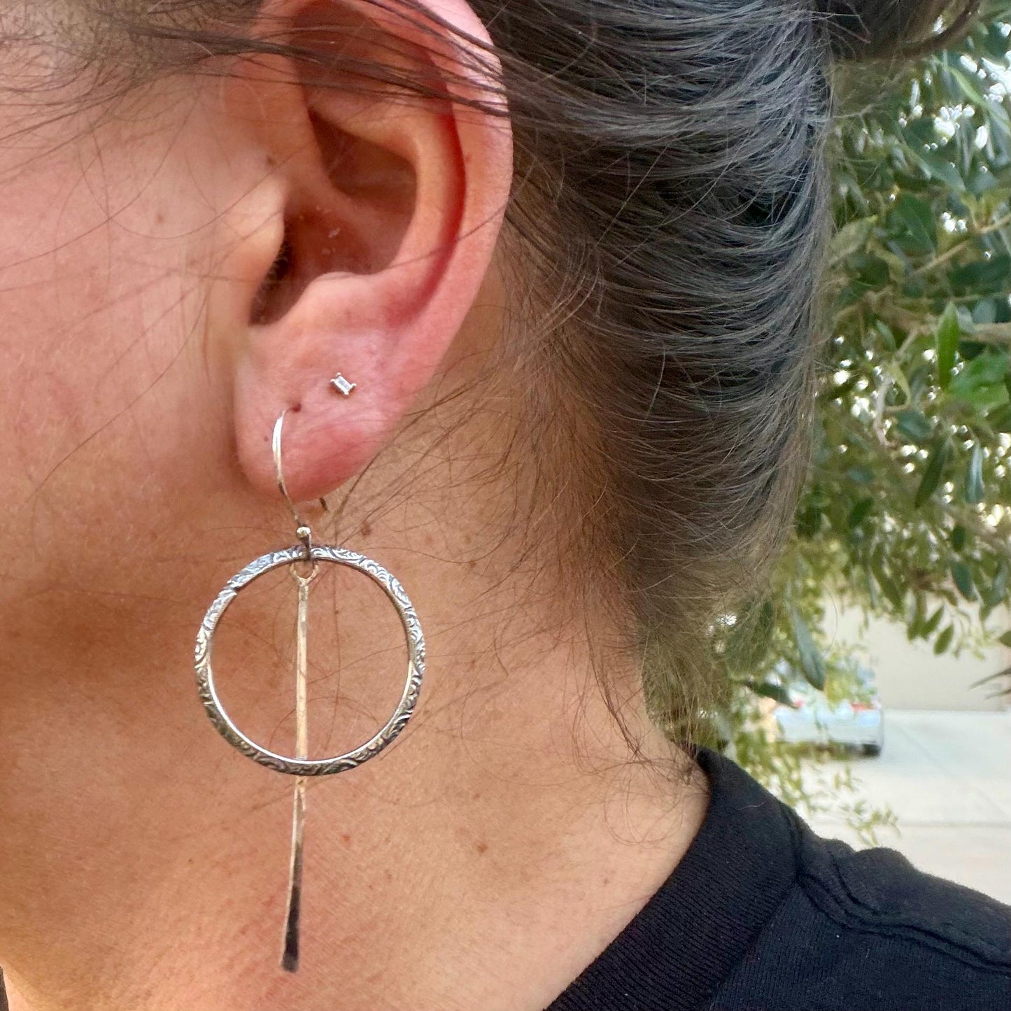 Rustic Sterling Silver Circle Dangle Earrings • Long Drop Style