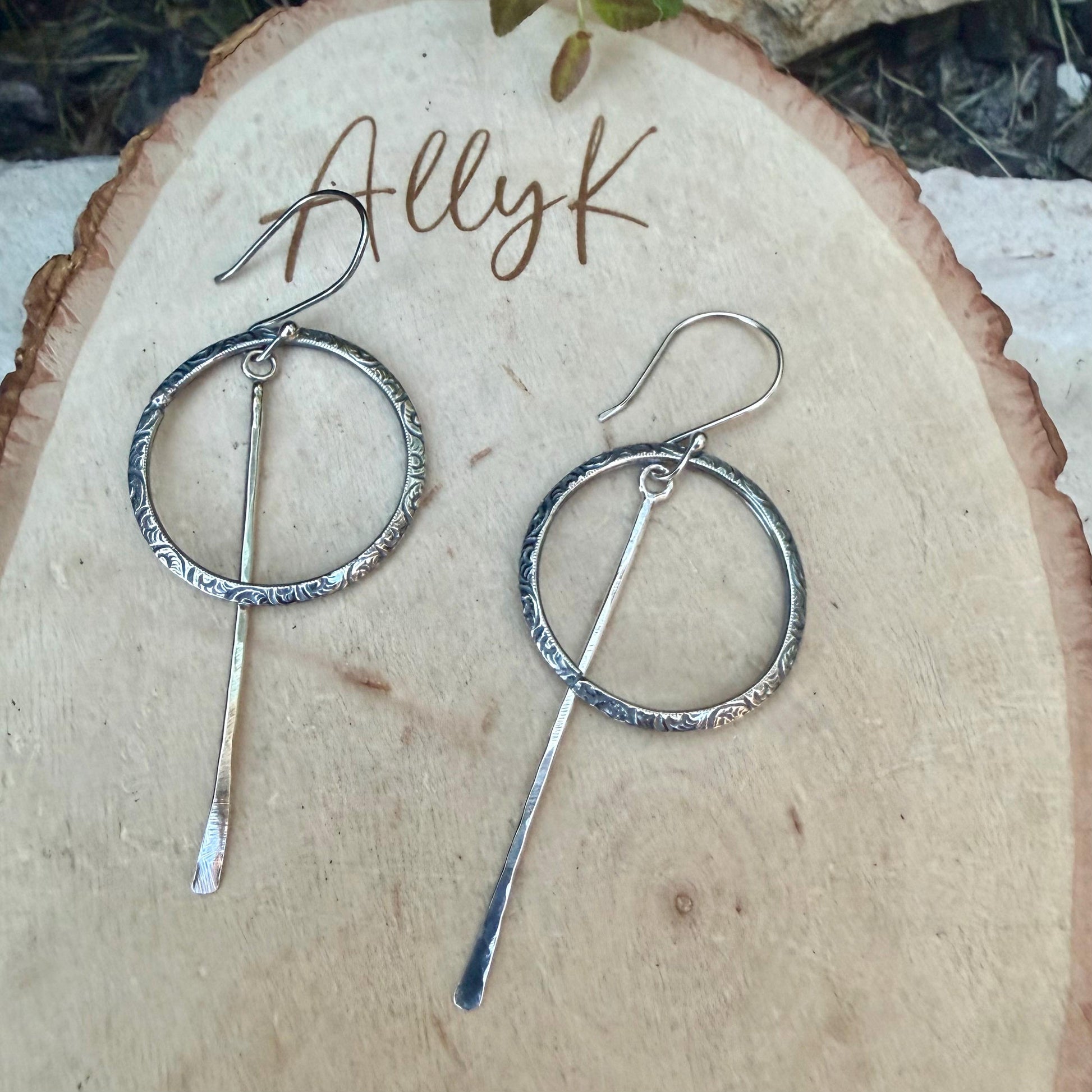 Rustic Sterling Silver Circle Dangle Earrings • Long Drop Style
