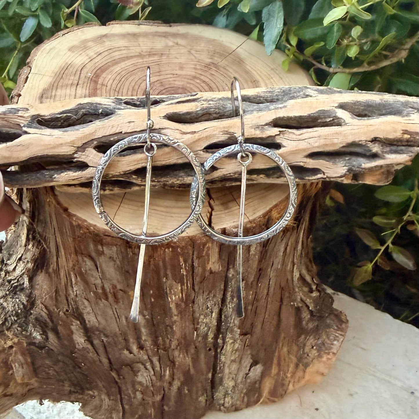 Rustic Sterling Silver Circle Dangle Earrings • Long Drop Style