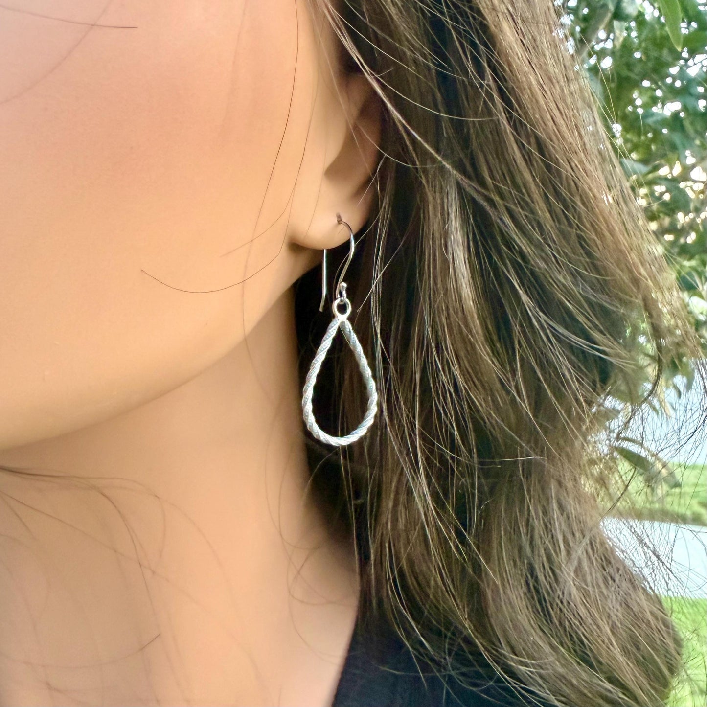 Sterling Silver Teardrop Drop Earrings – Rustic Twisted Wire Pattern