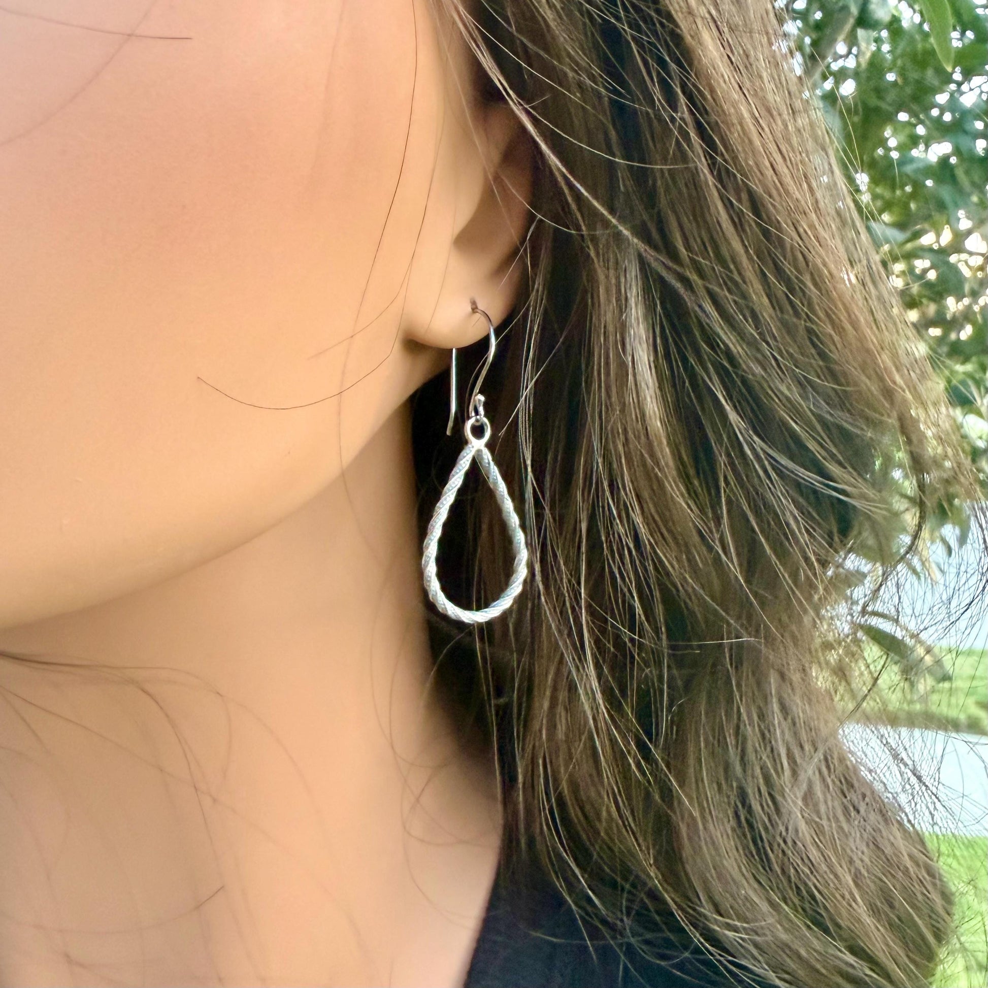 Sterling Silver Teardrop Drop Earrings – Rustic Twisted Wire Pattern