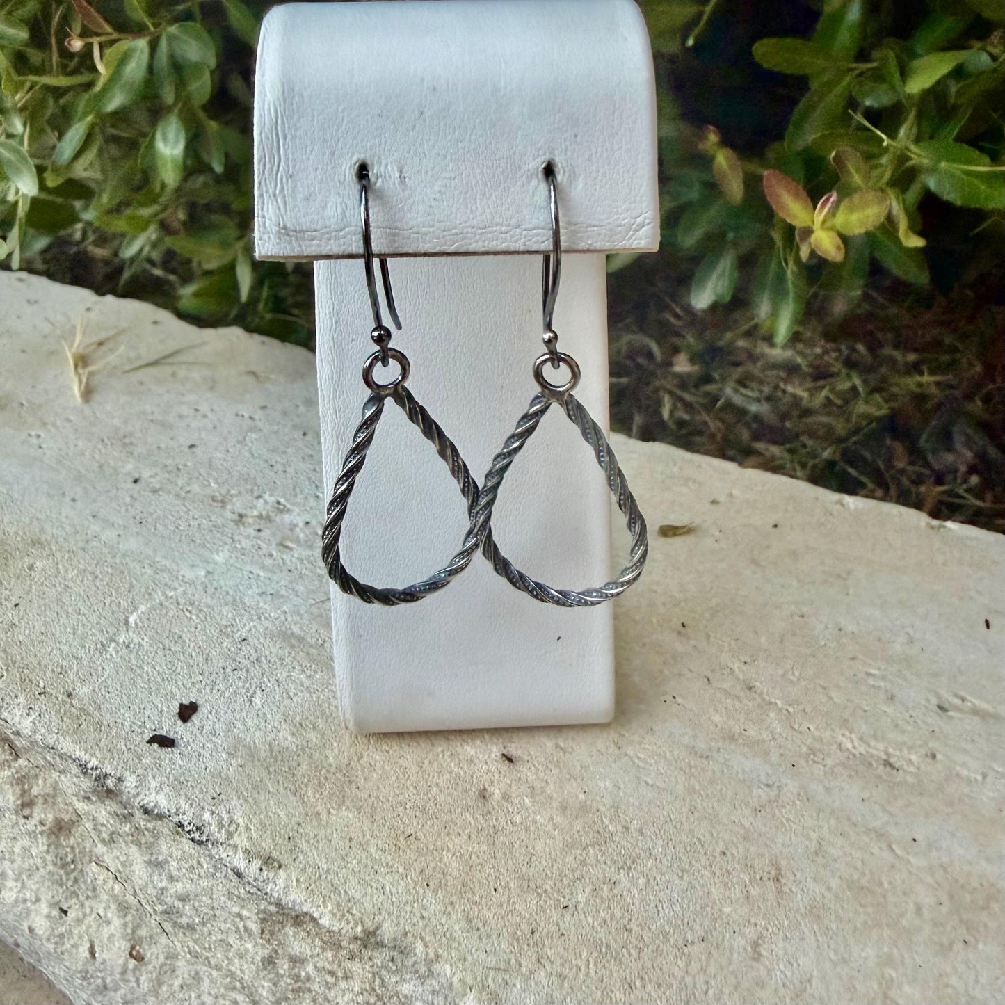 Sterling Silver Teardrop Drop Earrings – Rustic Twisted Wire Pattern