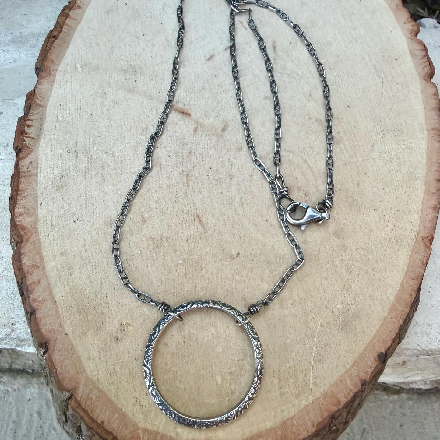 Sterling Silver Circle Necklace • Oxidized Silver Pendant • Everyday Minimalist