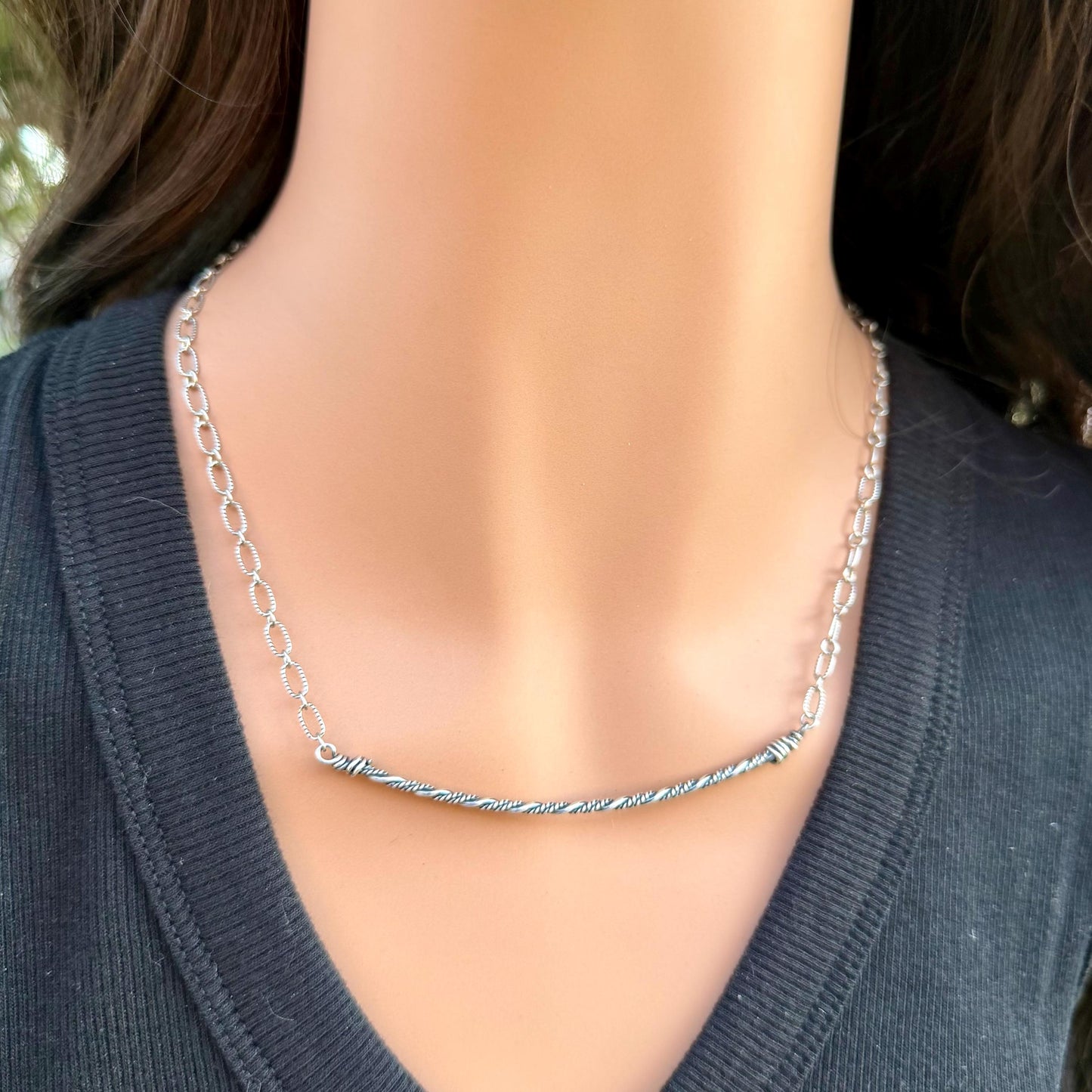 Sterling Silver Bar Necklace • Hand‑Forged Twisted Bar • Rustic Chain