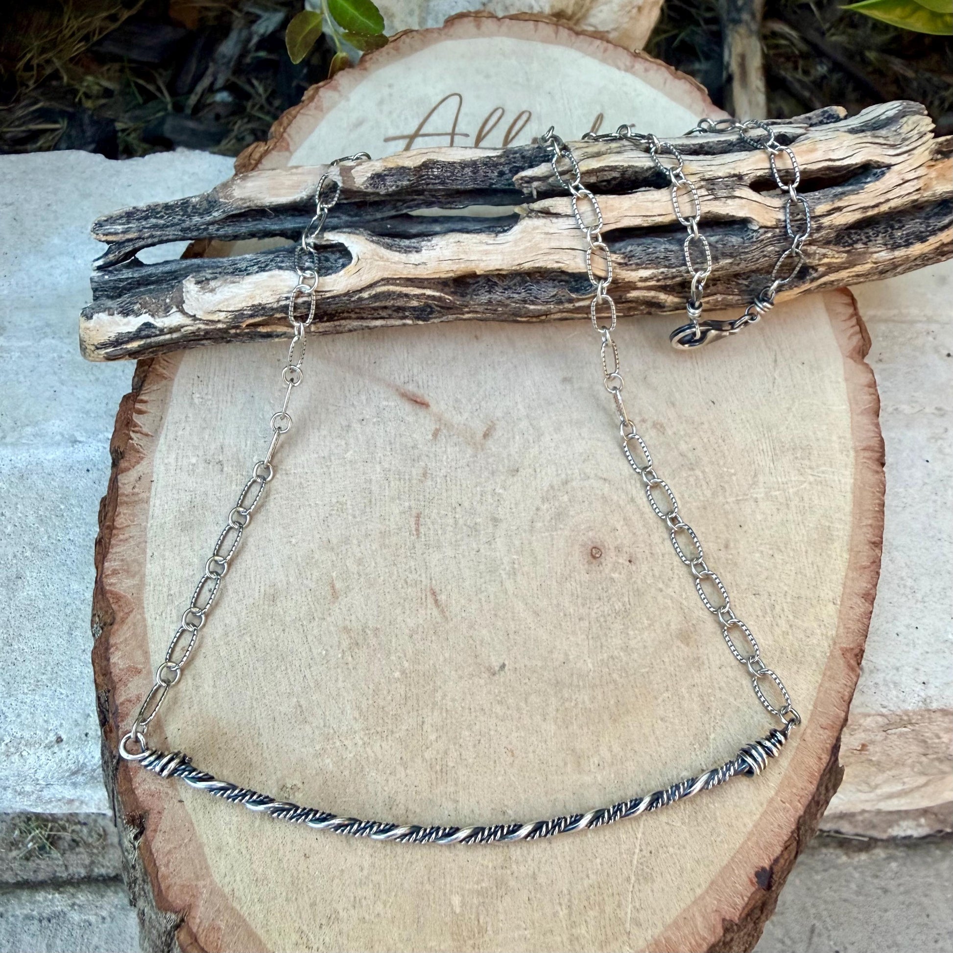 Sterling Silver Bar Necklace • Hand‑Forged Twisted Bar • Rustic Chain