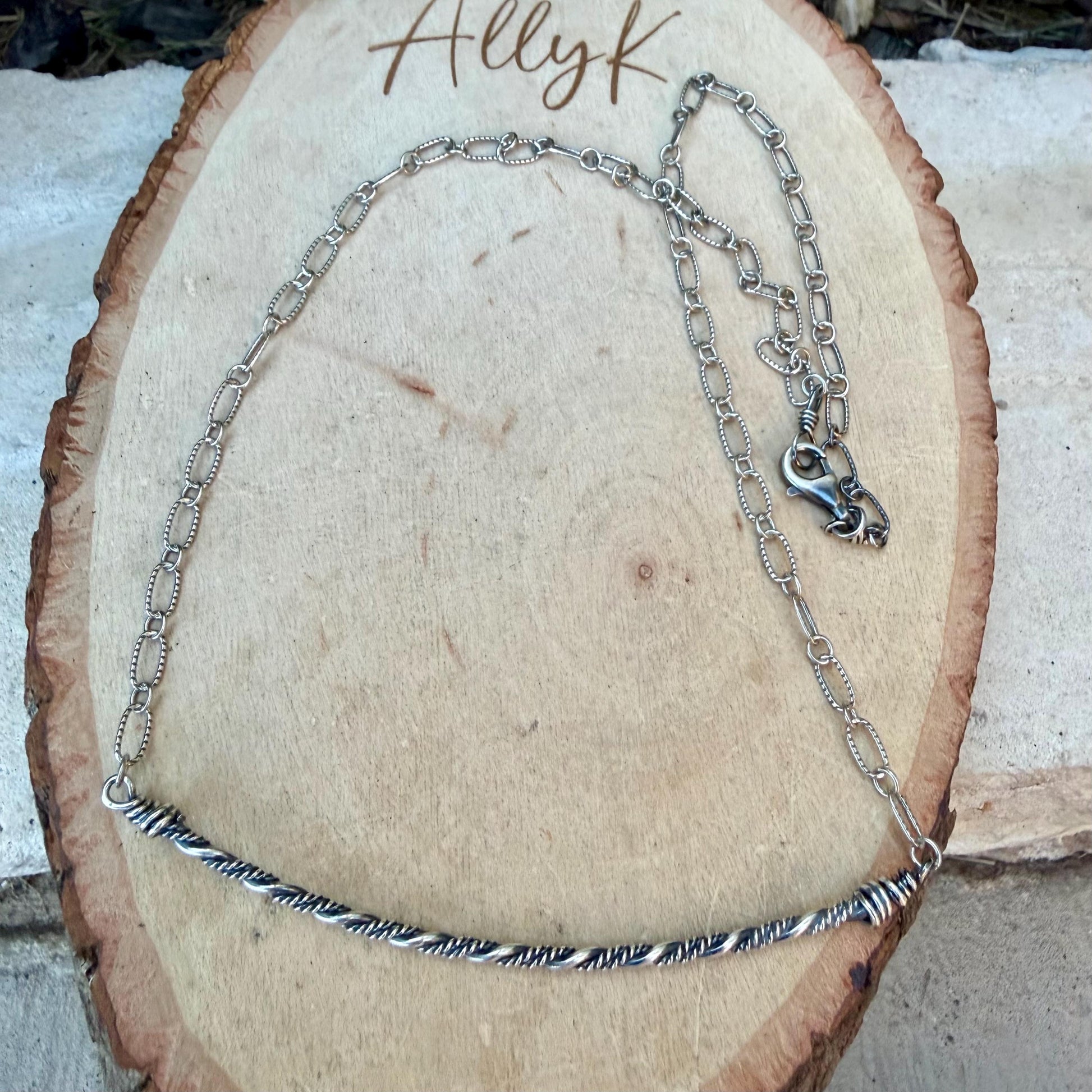Sterling Silver Bar Necklace • Hand‑Forged Twisted Bar • Rustic Chain