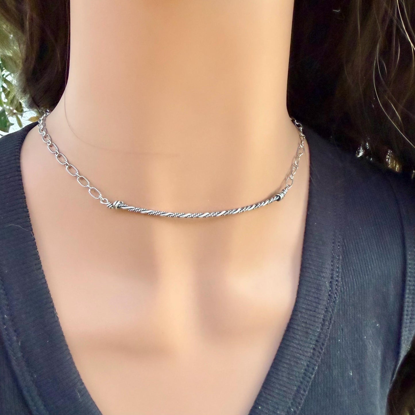 Sterling Silver Bar Necklace • Hand‑Forged Twisted Bar • Rustic Chain