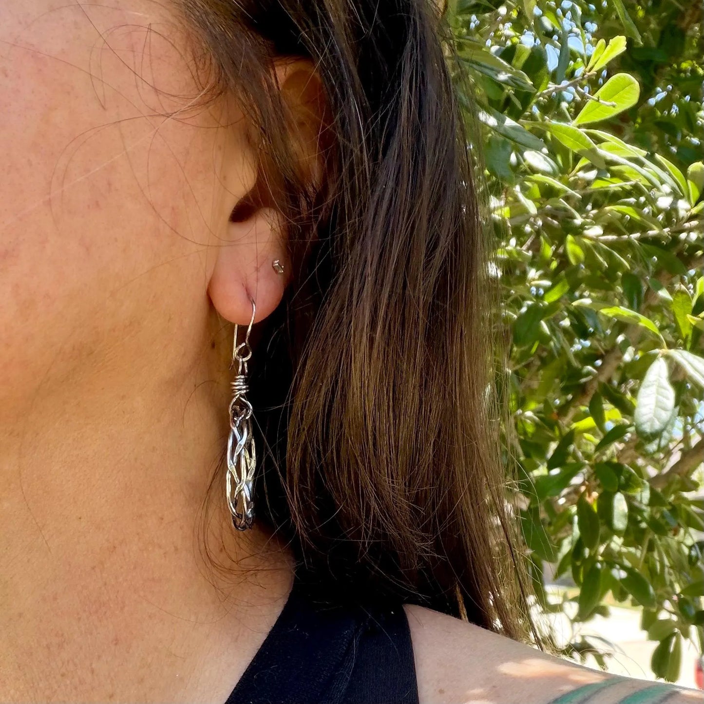 Rustic Silver Hoop Earrings • Argentium Braided Wire • 2 Inch Drop