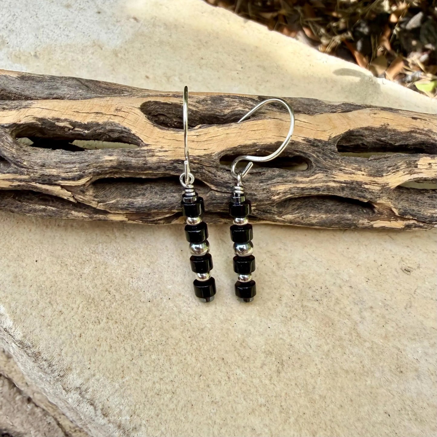 Sterling Silver Desert Pearl Earrings • Black Onyx & Hematite • 1.5" Dangles