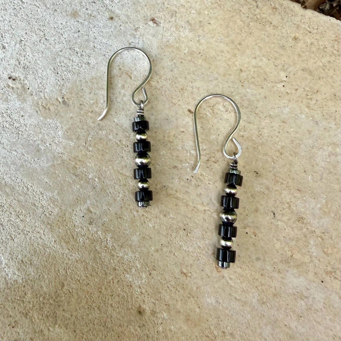 Sterling Silver Desert Pearl Earrings • Black Onyx & Hematite • 1.5" Dangles