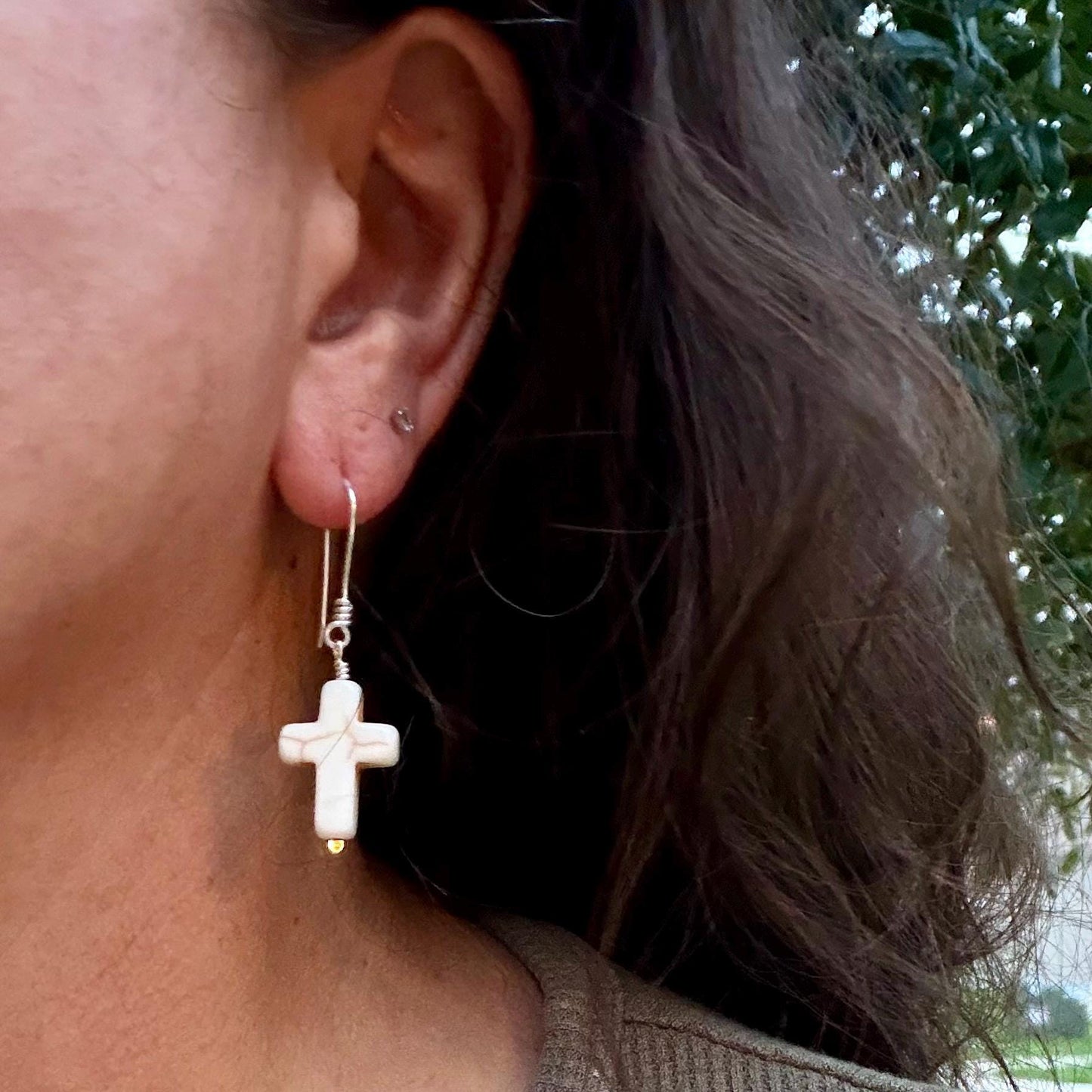 White Turquoise Howlite Cross Earrings • Sterling Silver Southwestern Jewelry