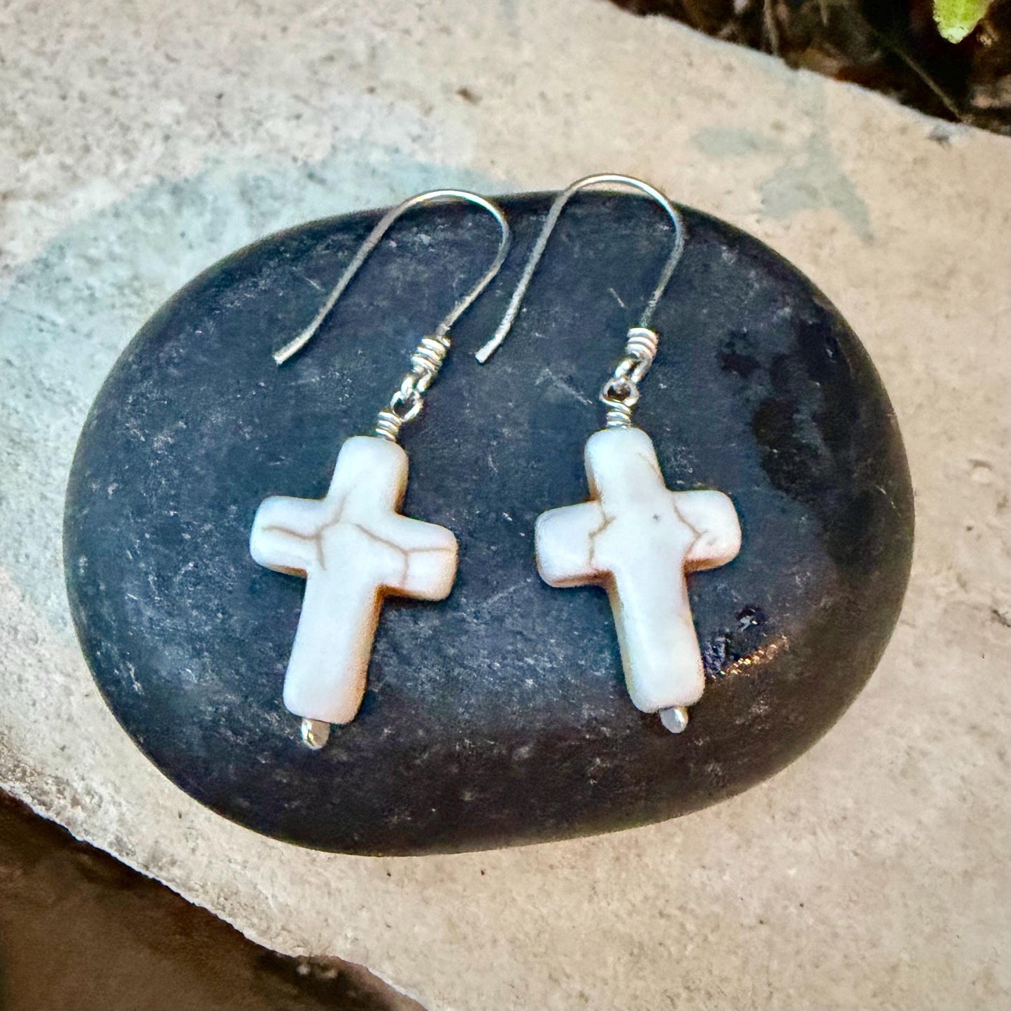 White Turquoise Howlite Cross Earrings • Sterling Silver Southwestern Jewelry