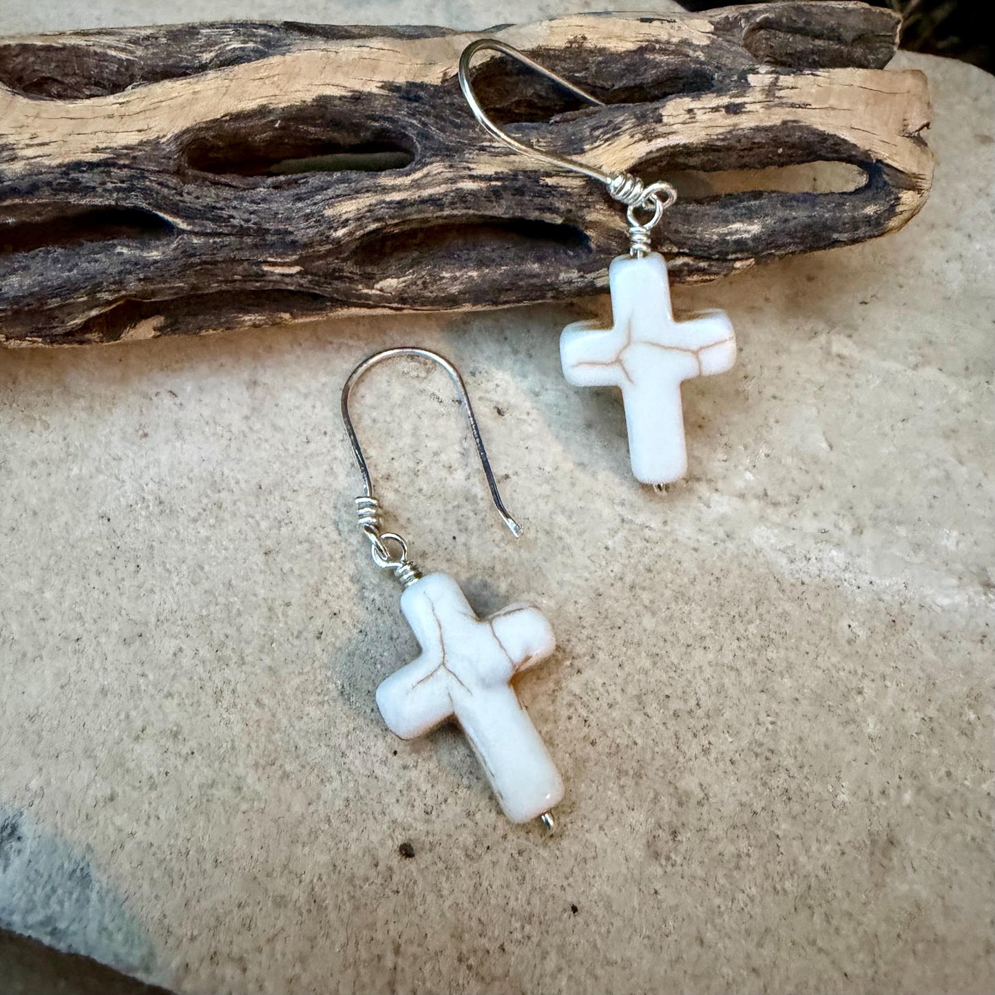 White Turquoise Howlite Cross Earrings • Sterling Silver Southwestern Jewelry