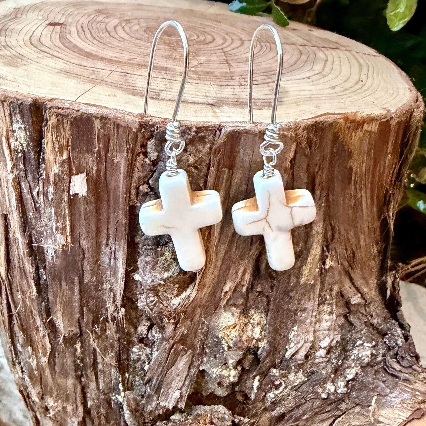White Turquoise Howlite Cross Earrings • Sterling Silver Southwestern Jewelry