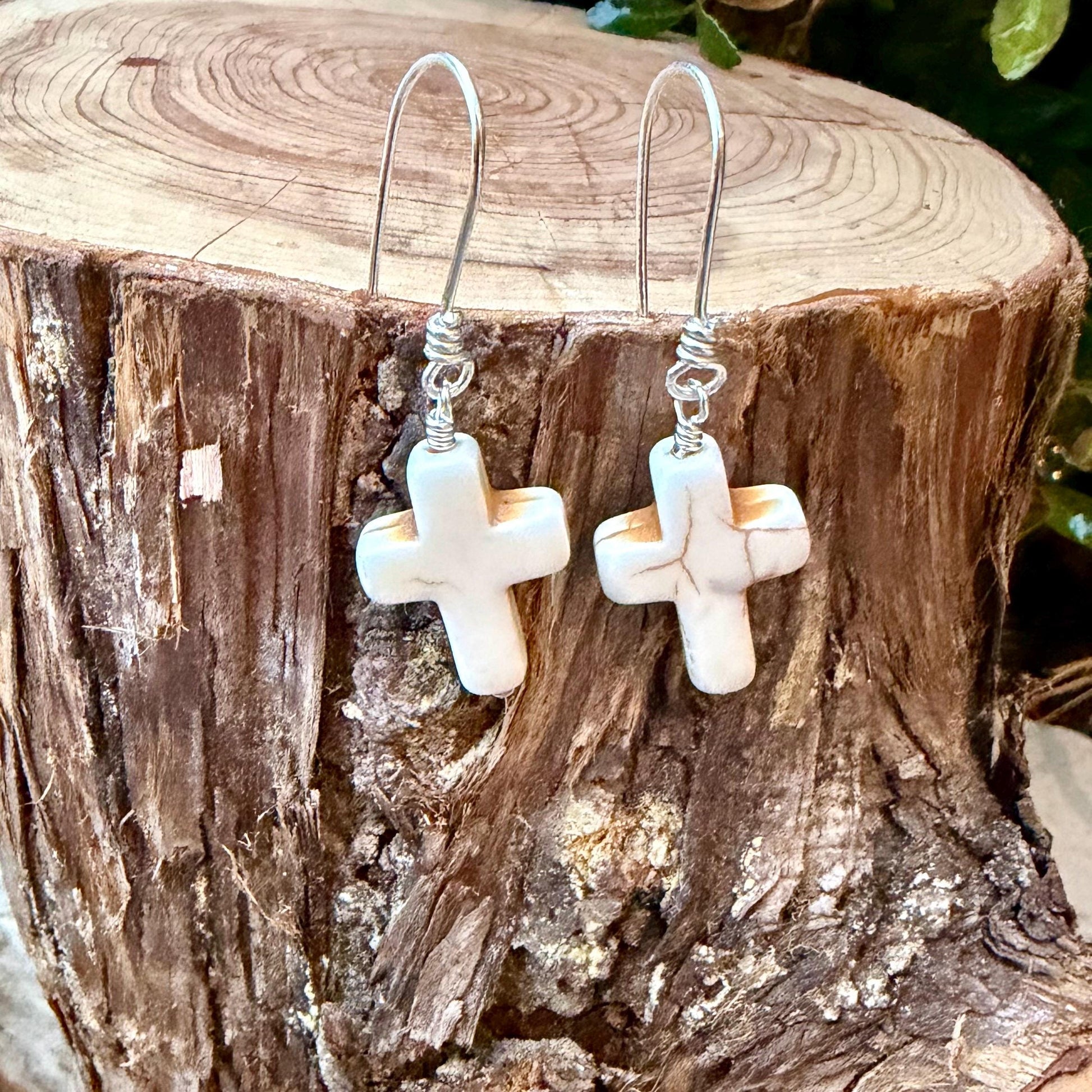 White Turquoise Howlite Cross Earrings • Sterling Silver Southwestern Jewelry