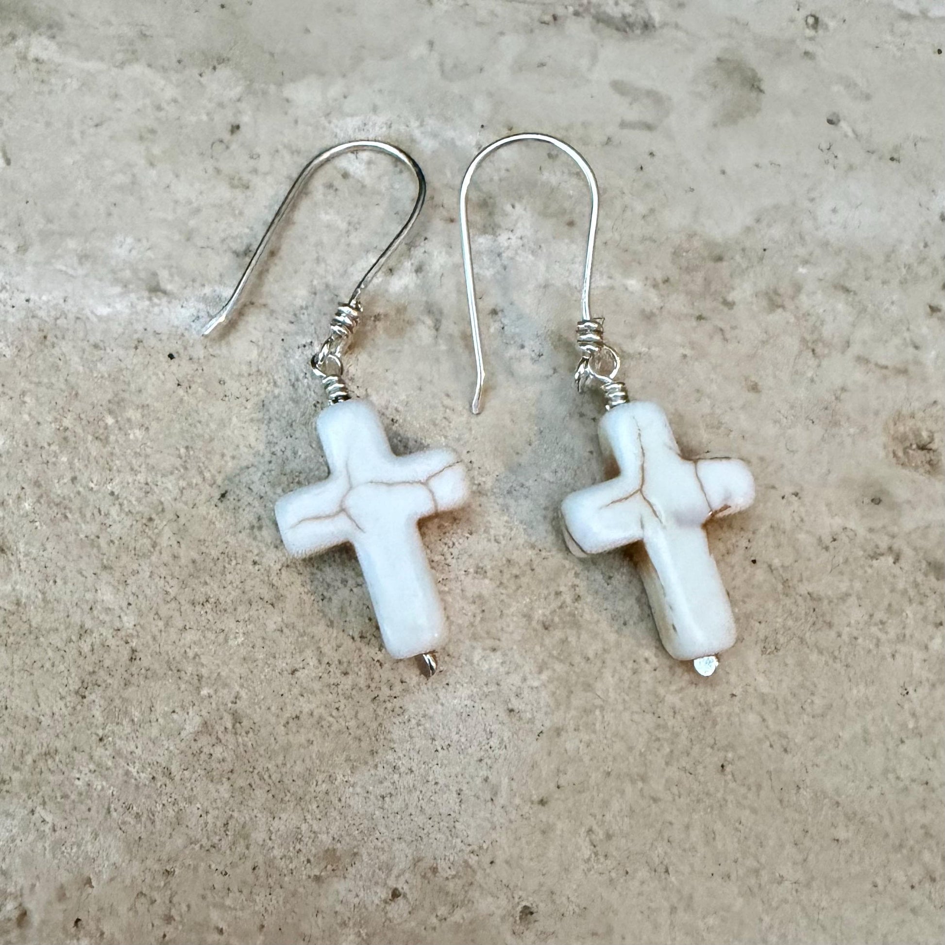 White Turquoise Howlite Cross Earrings • Sterling Silver Southwestern Jewelry