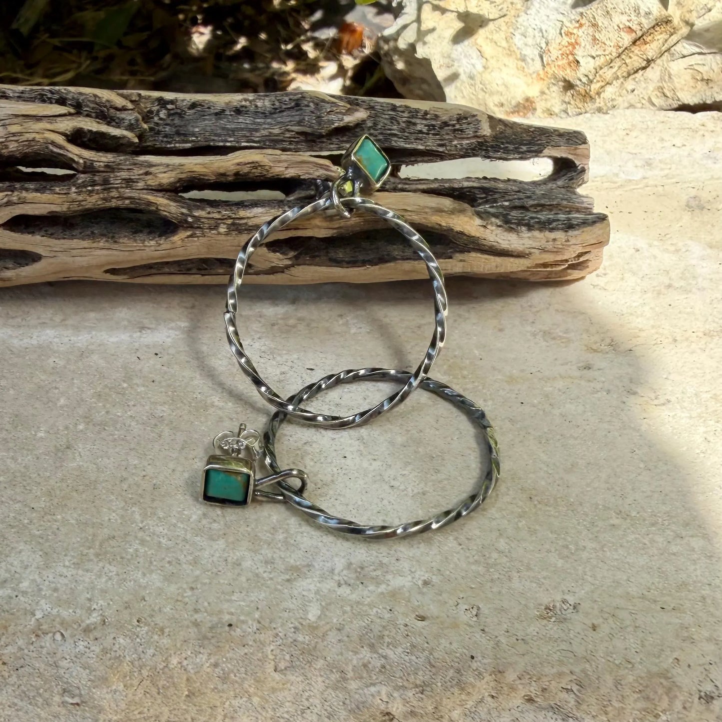Turquoise Post Hoop Earrings • Sterling Silver • Kingman Blue or Green Square Turquoise