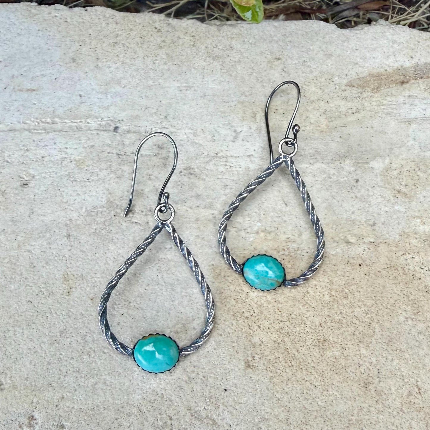 Turquoise Sterling Silver Teardrop Dangle Earrings • Rustic Southwestern Twist Wire