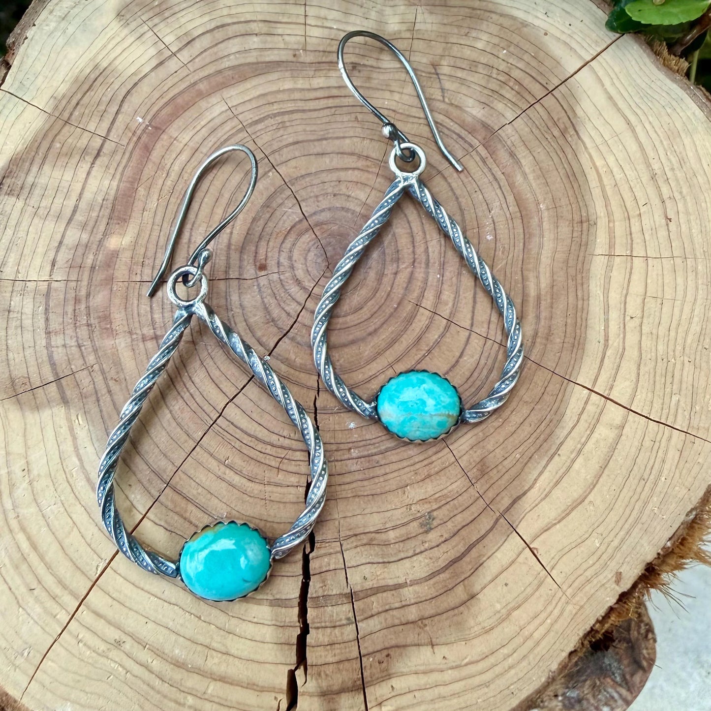 Turquoise Sterling Silver Teardrop Dangle Earrings • Rustic Southwestern Twist Wire
