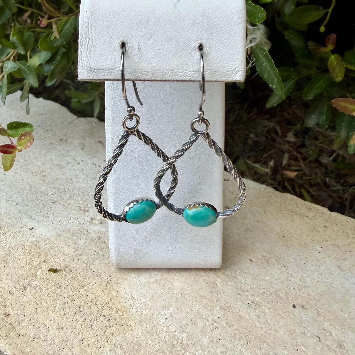 Turquoise Sterling Silver Teardrop Dangle Earrings • Rustic Southwestern Twist Wire