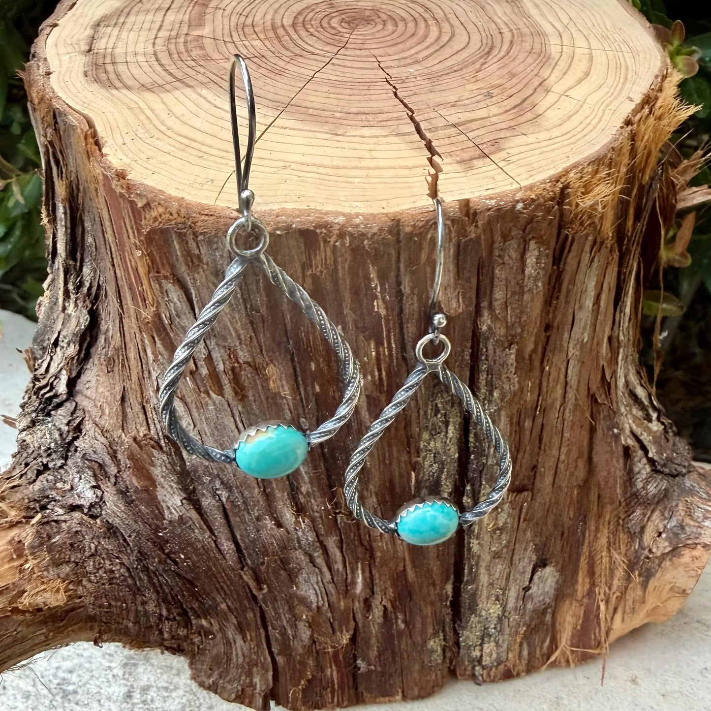 Turquoise Sterling Silver Teardrop Dangle Earrings • Rustic Southwestern Twist Wire