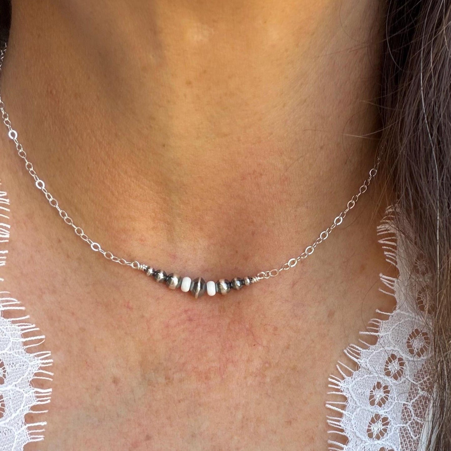 White Turquoise Bar Necklace • Sterling Silver Desert Pearls • Southwest Minimalist Jewelry