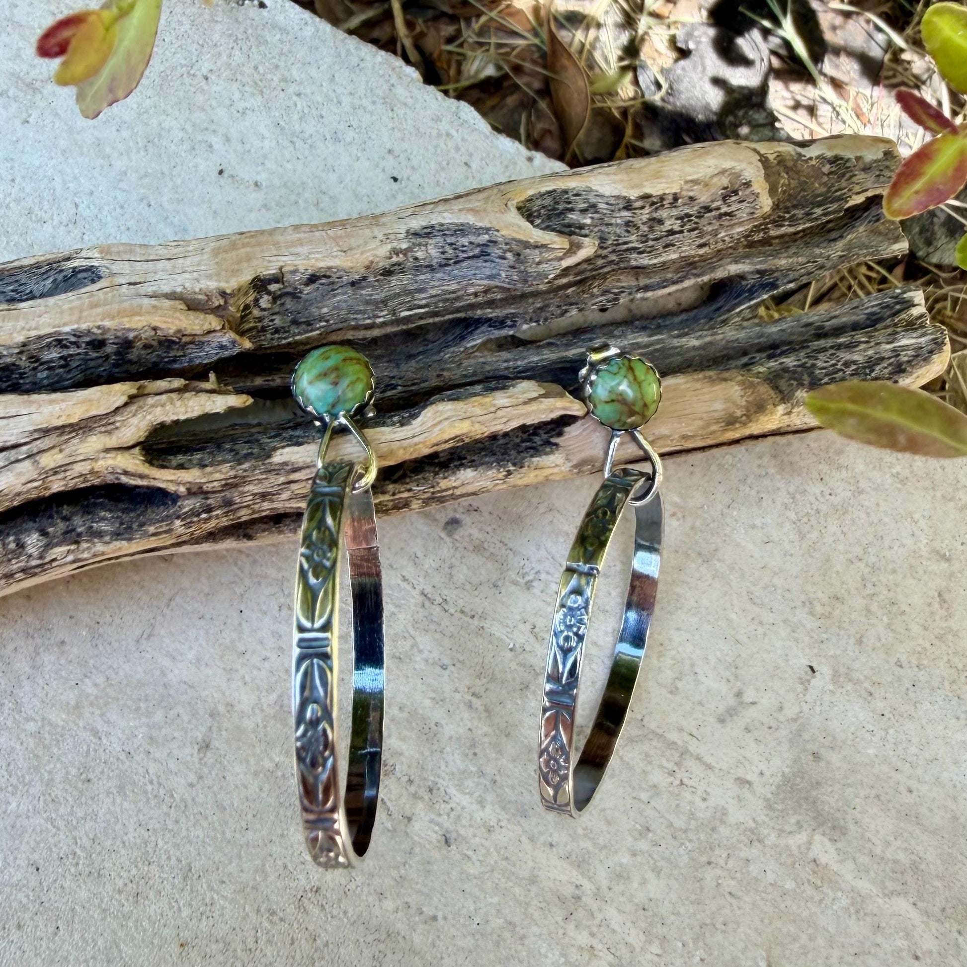 Turquoise Sterling Silver Butterfly‑Floral Hoop Earrings • 6mm Kingman Turquoise • Custom Colors