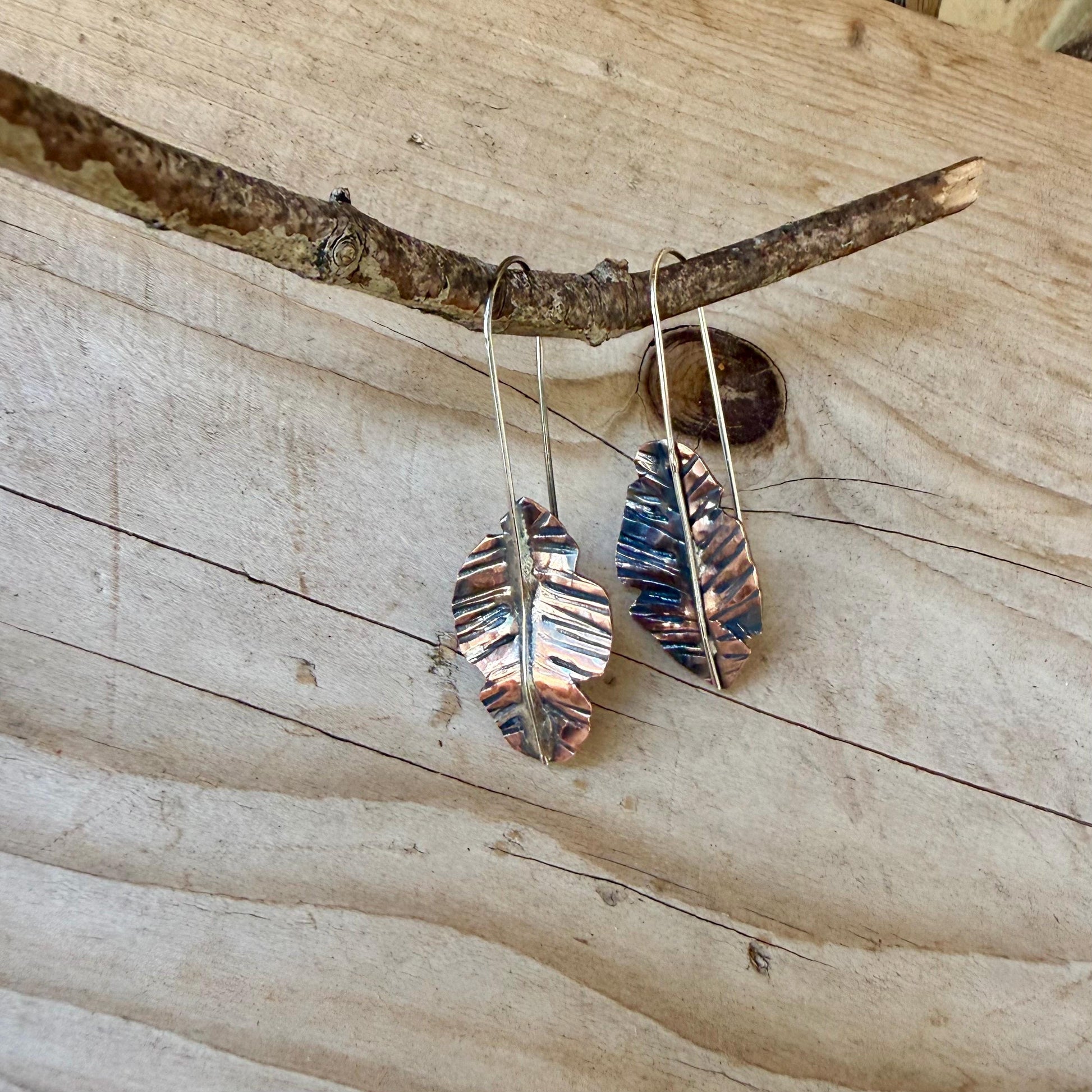 Copper & Silver Leaf Earrings • Mixed Metal Dangle Earrings