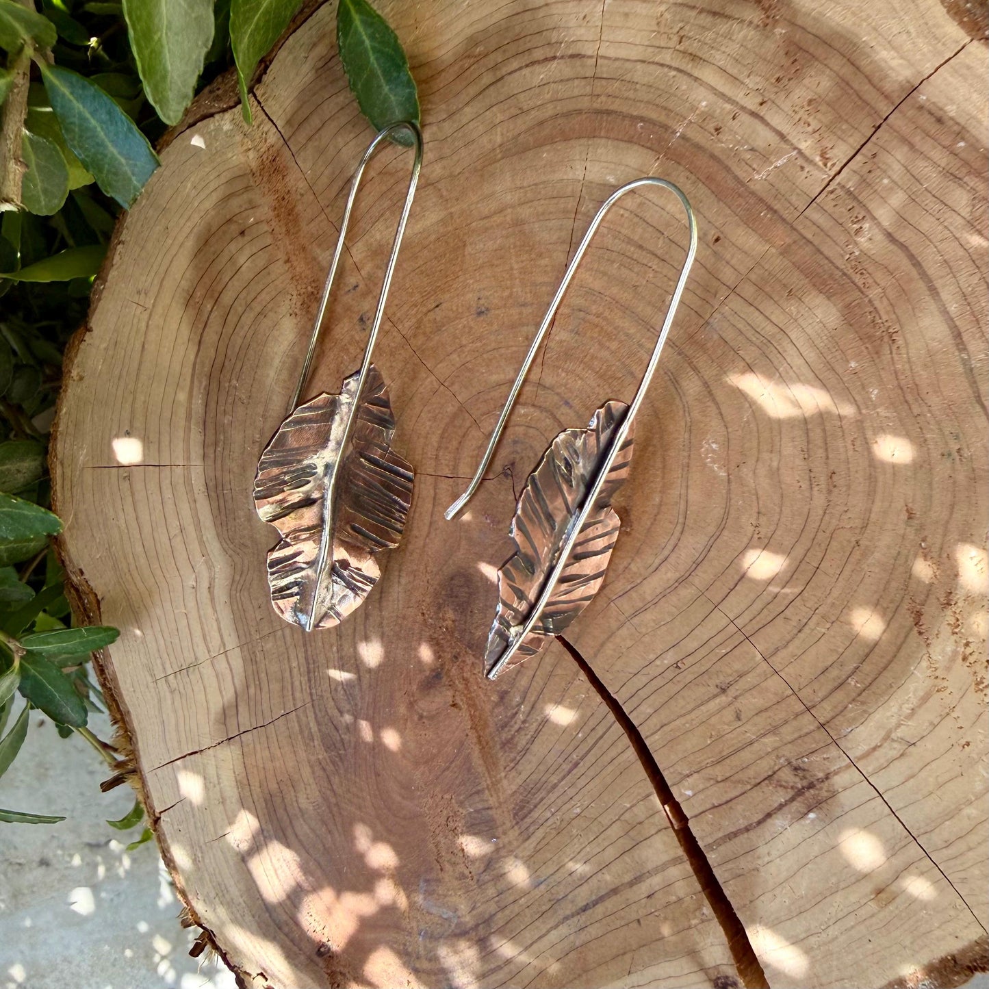 Copper & Silver Leaf Earrings • Mixed Metal Dangle Earrings