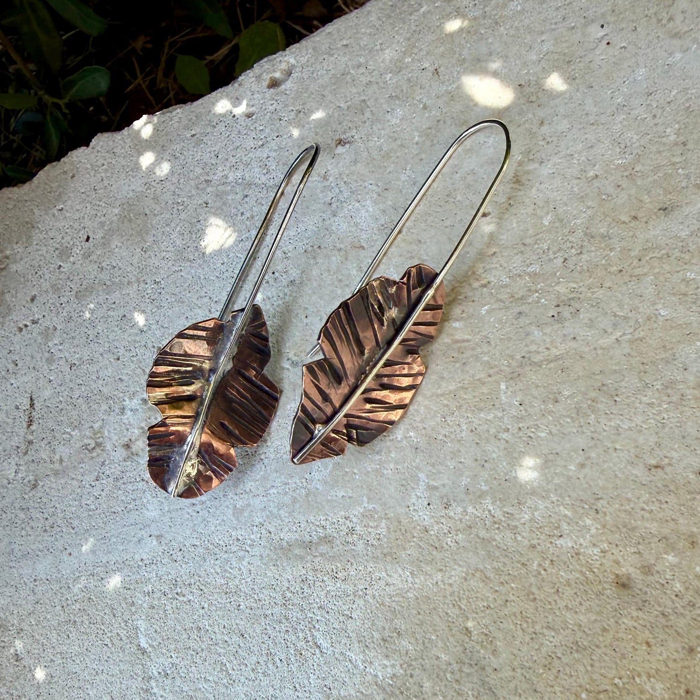 Copper & Silver Leaf Earrings • Mixed Metal Dangle Earrings