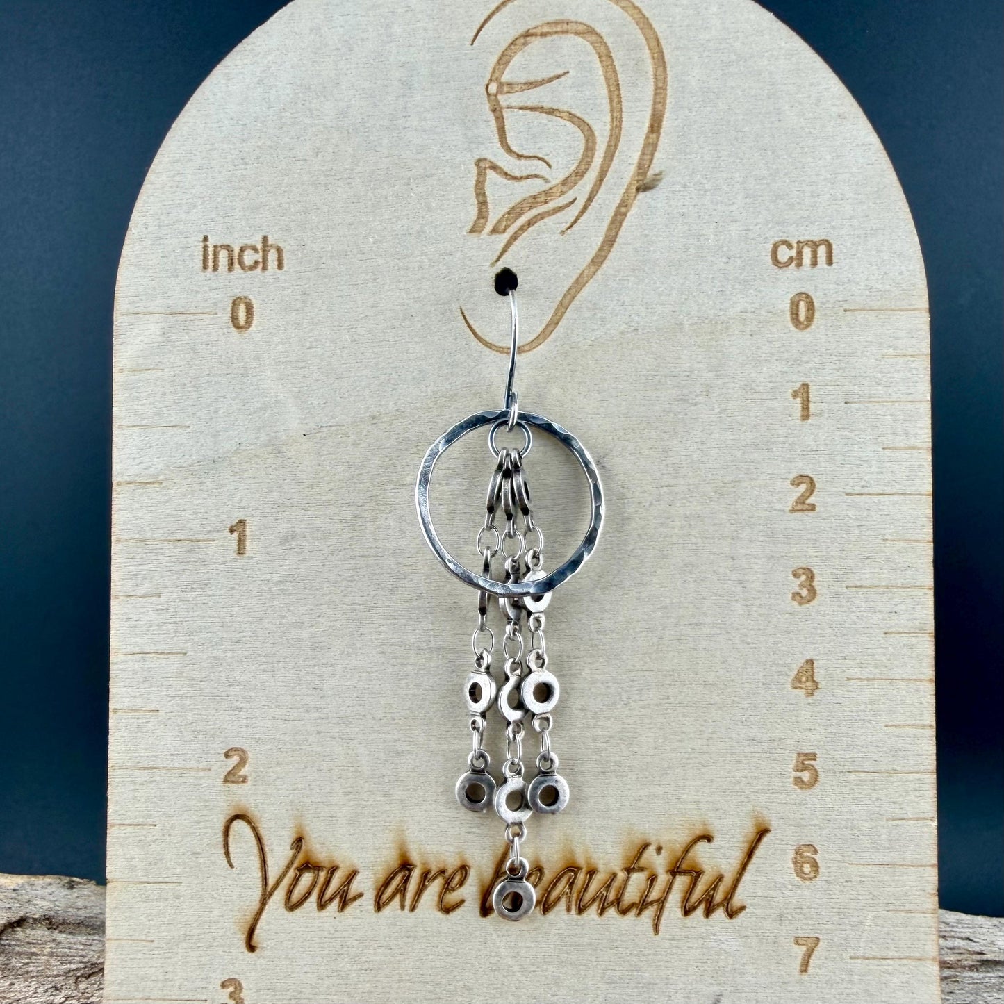 Sterling Silver Hammered Circle Earrings • Triple Chain Dangle • Modern Drop Earrings
