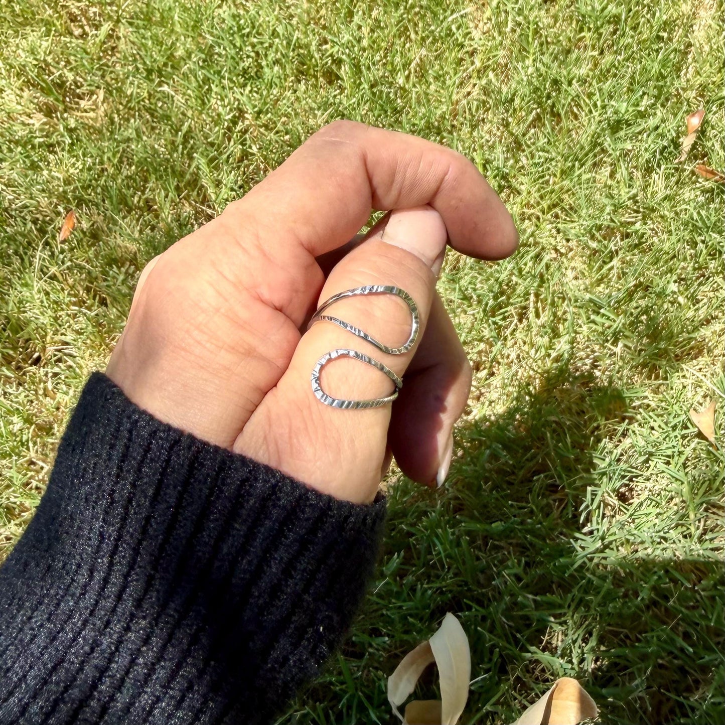 Sterling Loop Ring • Double Loop • Rustic Textured Adjustable Openwork Band