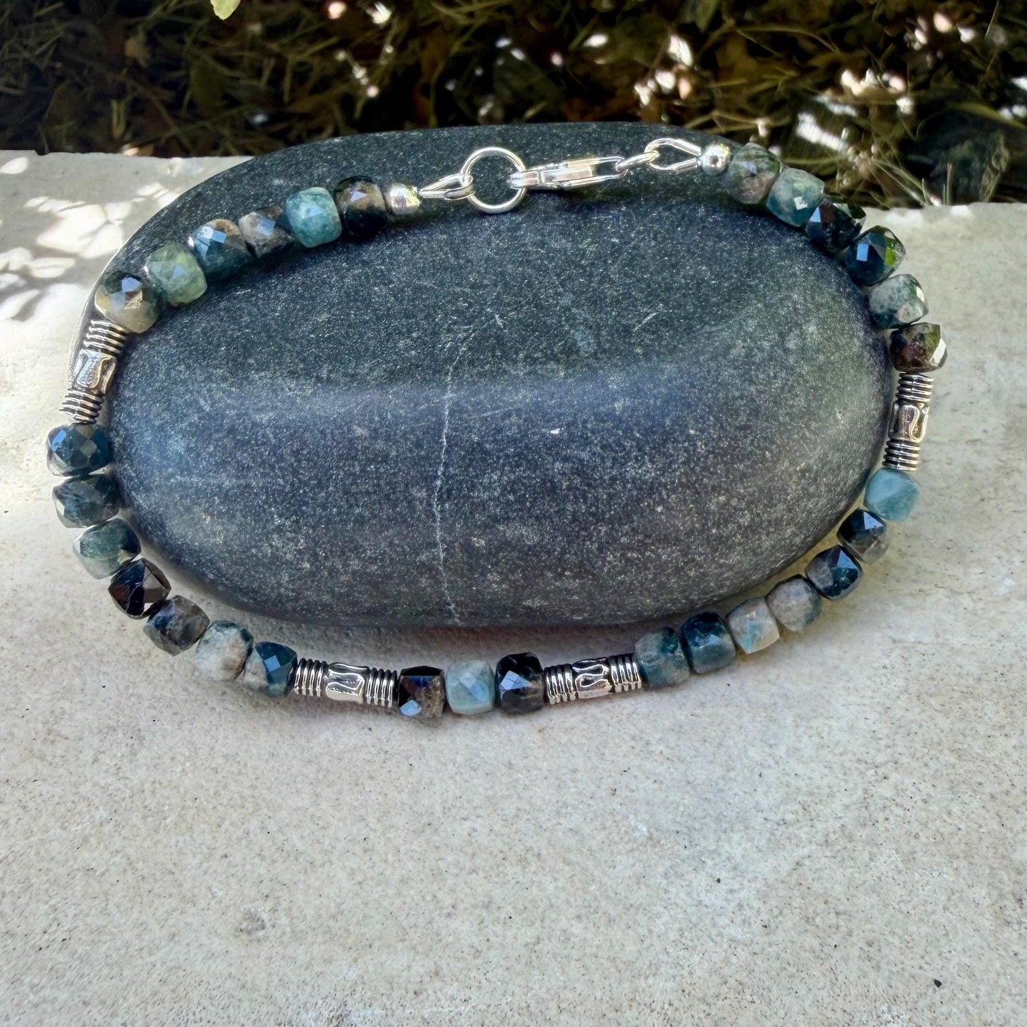 Blue Tourmaline Cube Bracelet • 4mm Stones • Bali Silver Accents